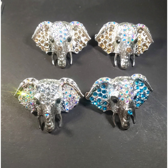 Set Of 4 Hair Barrette Tension Clips Elephant Rhinestone Clear Pink Blue - Picture 1 of 8